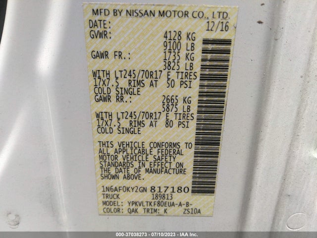2016 Nissan NV, VIN: 1N6AF0KY2GN817180
