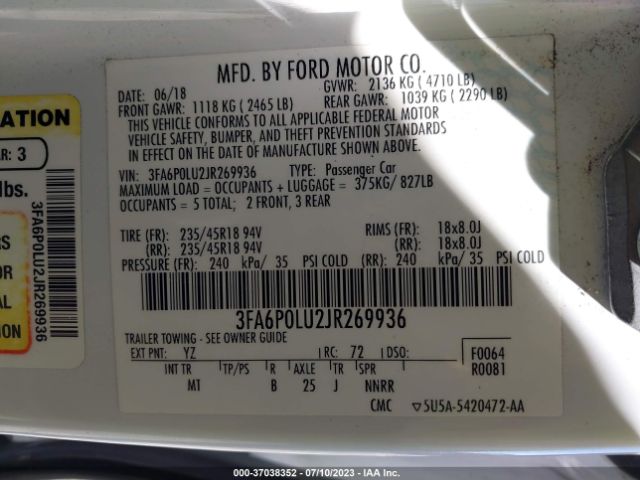 3FA6P0LU2JR269936 Ford Fusion Hybrid Se