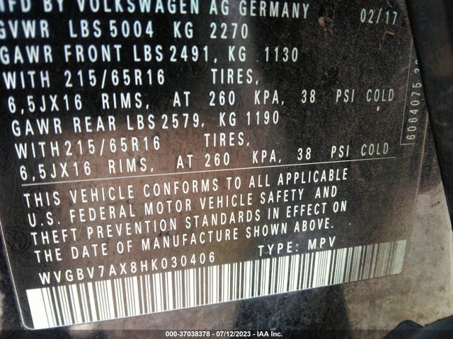 WVGBV7AX8HK030406 Volkswagen TIGUAN S