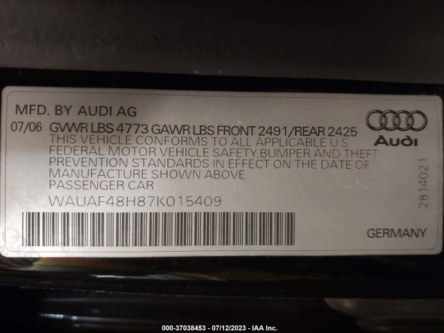 2007 AUDI A4 2.0T VIN: WAUAF48H87K015409