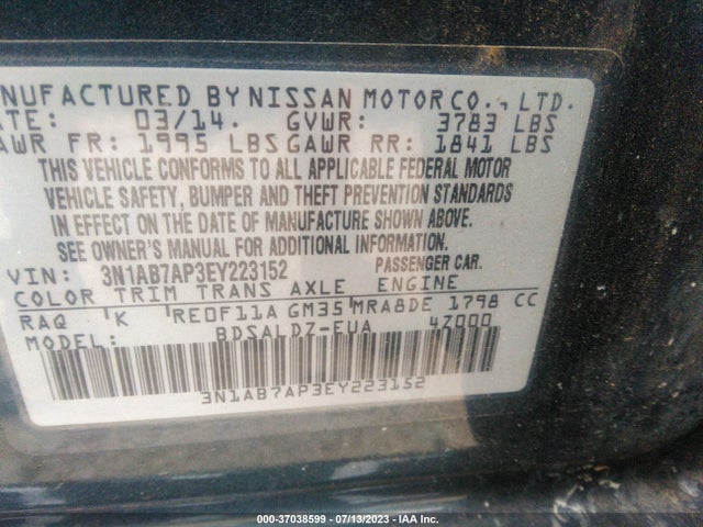 2014 NISSAN SENTRA SV VIN: 3N1AB7AP3EY223152