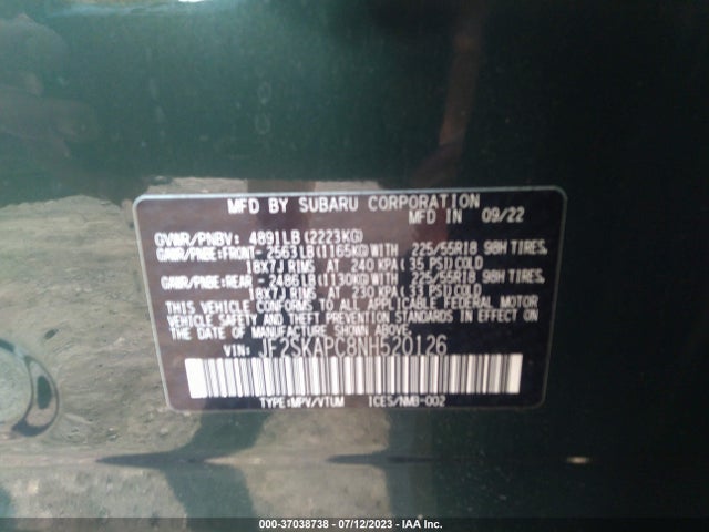 2022 SUBARU FORESTER LIMITED VIN: JF2SKAPC8NH520126