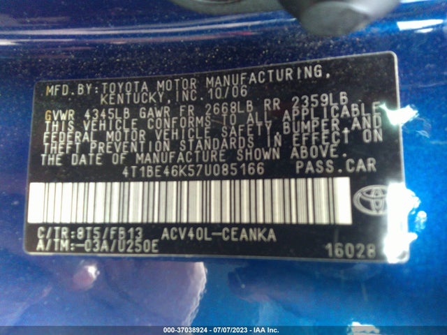 Продаж на аукціоні авто 2007 Toyota Camry Ce/le/se/xle, vin: 4T1BE46K57U085166, номер лоту: 37038924