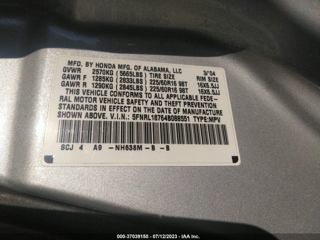 2004 HONDA ODYSSEY EX-L NAVI VIN: 5FNRL18764B088551