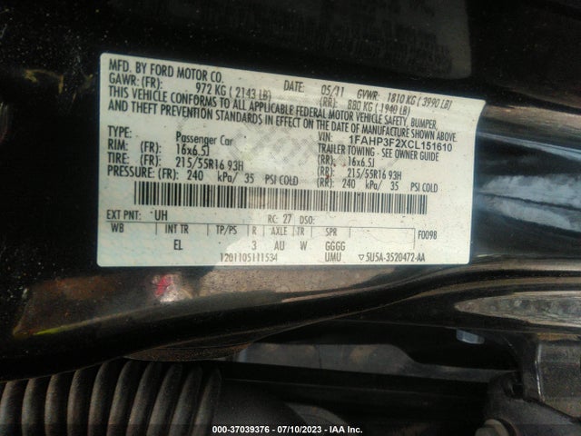 2012 FORD FOCUS SE VIN: 1FAHP3F2XCL151610