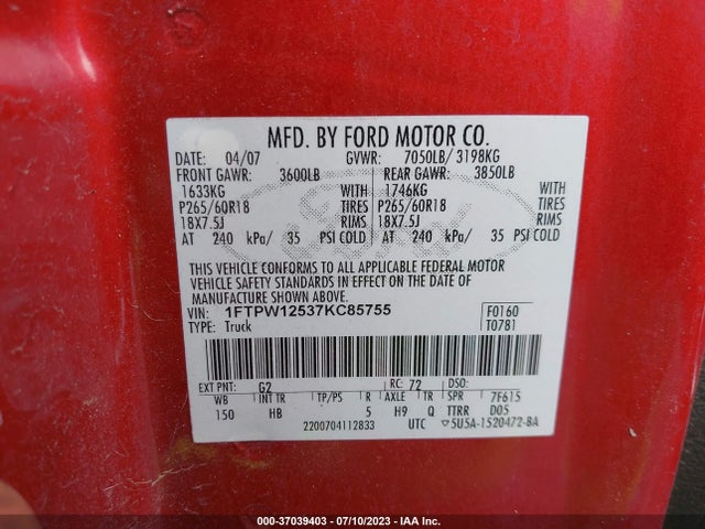 2007 FORD F-150 XLT/LARIAT/KING RANCH/FX2 VIN: 1FTPW12537KC85755