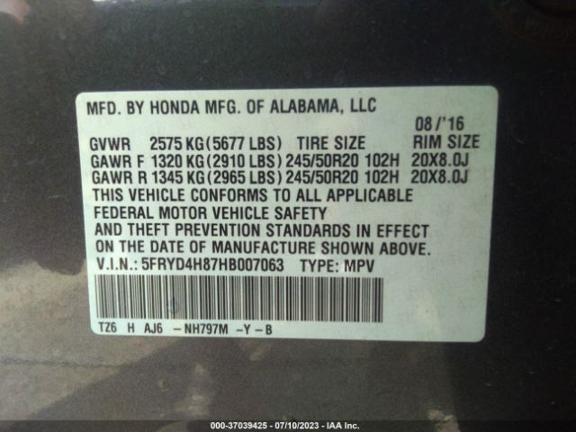 5FRYD4H87HB007063 Acura Mdx W/advance Pkg