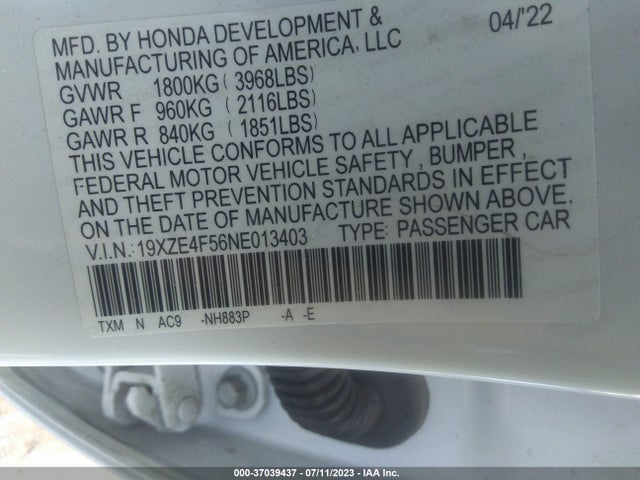 2022 HONDA INSIGHT EX VIN: 19XZE4F56NE013403