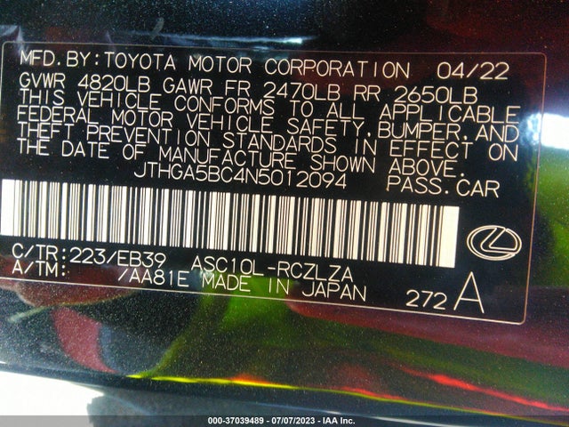 2022 Lexus RC, VIN: JTHGA5BC4N5012094