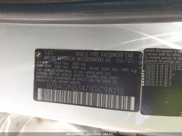 2001 BMW 5 SERIES 540I VIN: WBADN53471GC98215