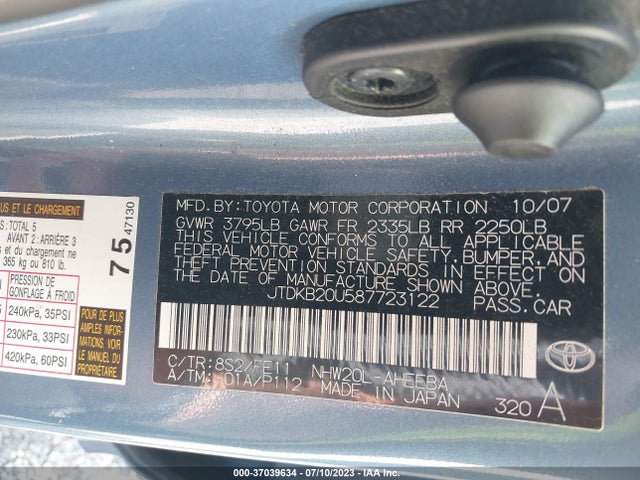 2008 TOYOTA PRIUS VIN: JTDKB20U587723122