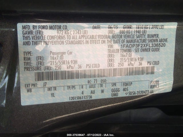 2015 FORD FOCUS SE VIN: 1FADP3F2XFL336520
