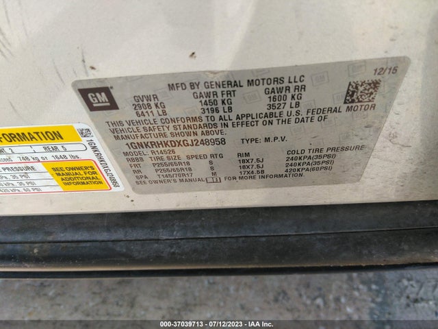 Chevrolet Traverse Lt 2016 1GNKRHKDXGJ248958 Image 9