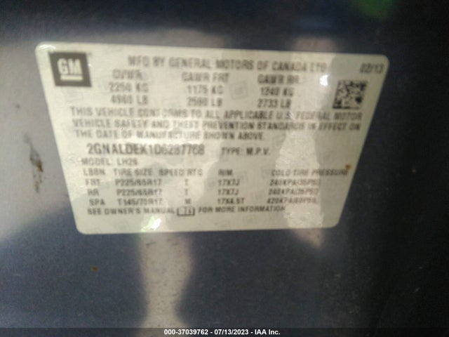 2013 CHEVROLET EQUINOX LT VIN: 2GNALDEK1D6287768