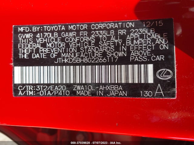 JTHKD5BH8G2266117 Lexus Ct 200h Hybrid