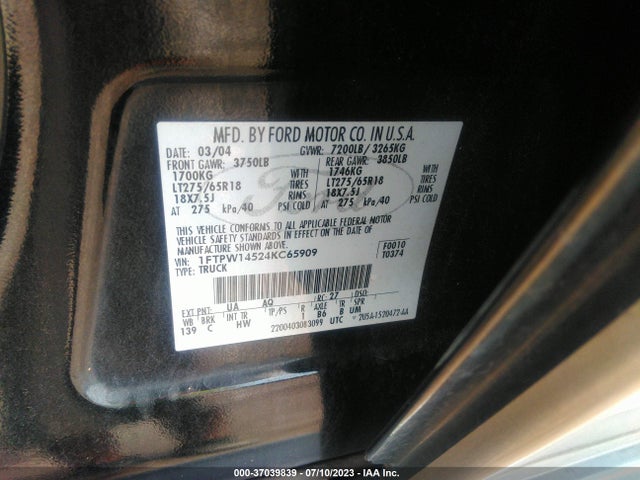 2004 FORD F-150 LARIAT VIN: 1FTPW14524KC65909