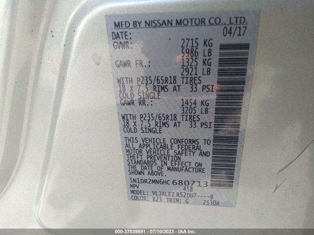 Nissan Pathfinder Sv 2017 5N1DR2MN6HC680713 Image 9