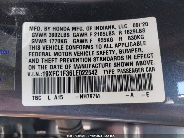 2020 HONDA CIVIC SEDAN EX VIN: 19XFC1F36LE022542