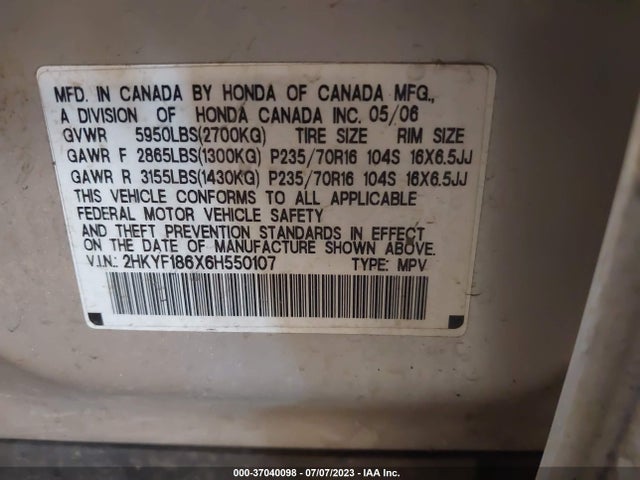 2006 HONDA PILOT EX-L WITH RES VIN: 2HKYF186X6H550107