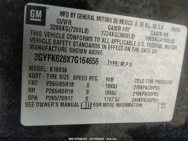 2007 CADILLAC ESCALADE EXT VIN: 3GYFK628X7G164656