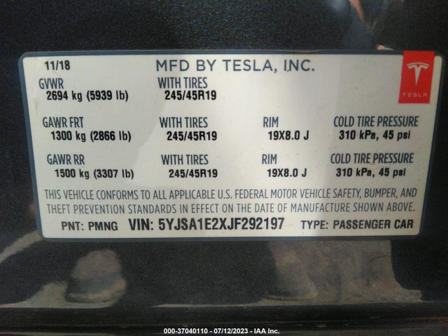 Tesla Model S 75d/100d/p100d 2018 5YJSA1E2XJF292197 Image 17