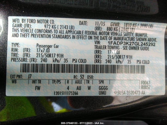 2016 FORD FOCUS SE VIN: 1FADP3K27GL245292