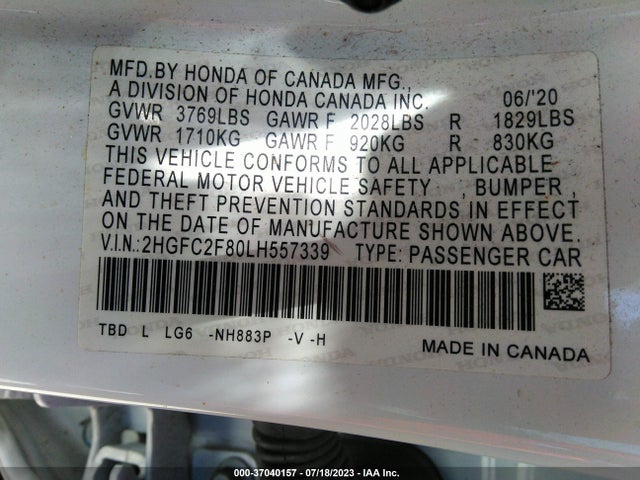 2020 HONDA CIVIC SEDAN SPORT VIN: 2HGFC2F80LH557339