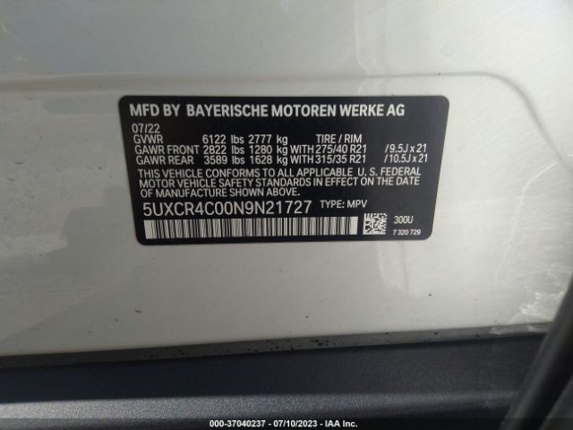 5UXCR4C00N9N21727 BMW X5 Sdrive40i