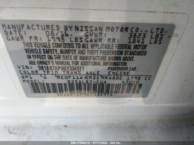 2016 NISSAN SENTRA S VIN: 3N1AB7AP9GY334971