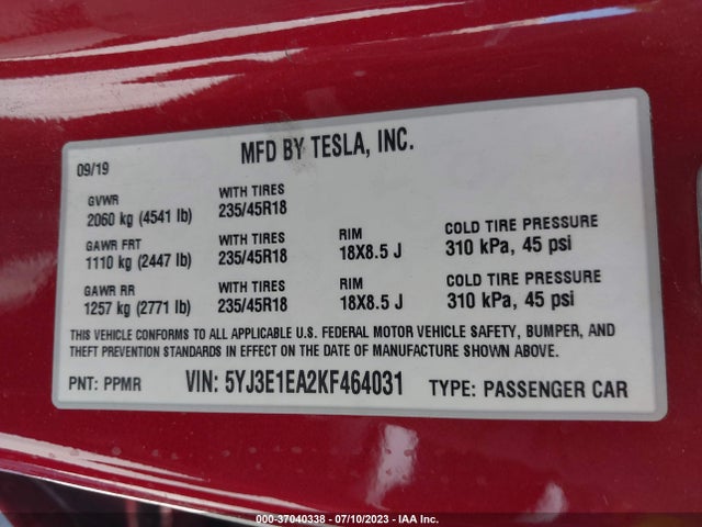 Tesla Model 3 Range 2019 5YJ3E1EA2KF464031 Image 15