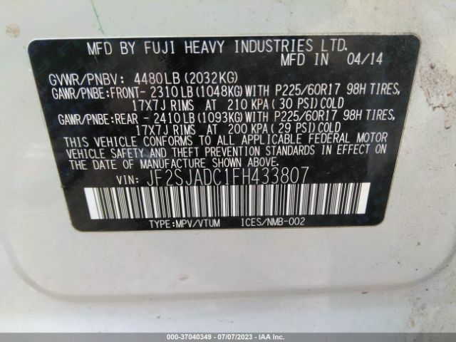 JF2SJADC1FH433807 Subaru Forester 2.5i Premium