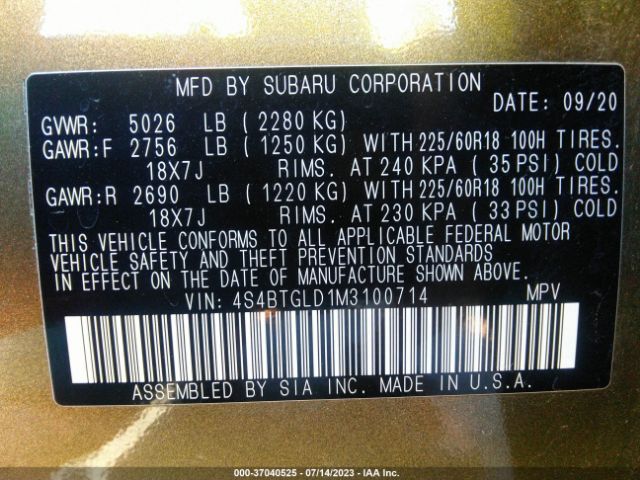 4S4BTGLD1M3100714 Subaru Outback Onyx Edition Xt