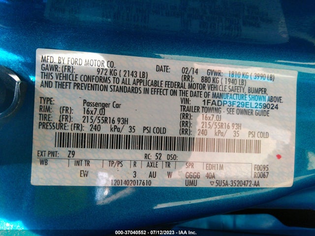 2014 FORD FOCUS SE VIN: 1FADP3F29EL259024
