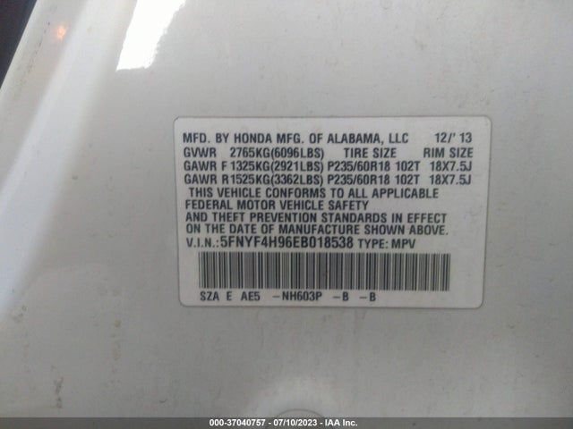 Honda Pilot Touring 2014 5FNYF4H96EB018538 Image 9