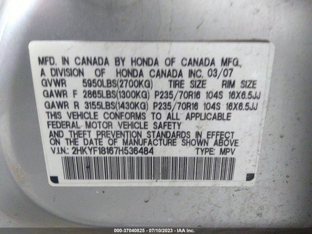 2007 HONDA PILOT LX VIN: 2HKYF18167H536484