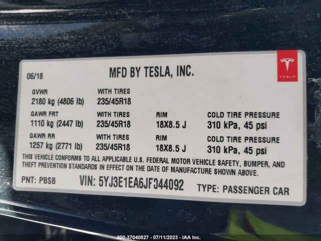 Tesla Model 3 Range Battery 2018 5YJ3E1EA6JF044092 Image 17