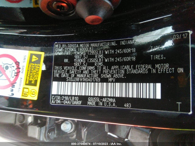 Toyota Highlander Xle/se 2017 5TDJZRFH1HS401769 Image 15
