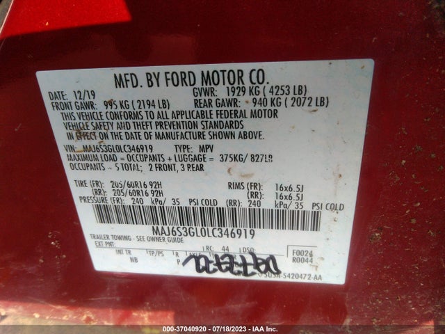 Продажа на аукционе авто 2020 Ford Ecosport Se, vin: MAJ6S3GL0LC346919, номер лота: 37040920