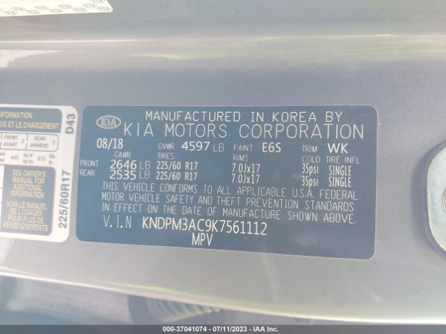 KNDPM3AC9K7561112 KIA Sportage Lx