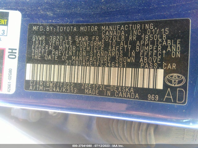 2015 TOYOTA COROLLA L/LE/S/S PLUS/LE PLUS VIN: 2T1BURHE1FC346431