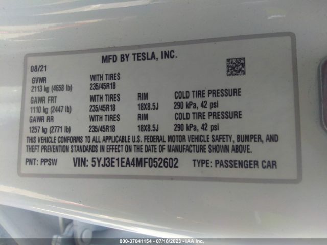 5YJ3E1EA4MF052602 Tesla Model 3 Standard Range Plus
