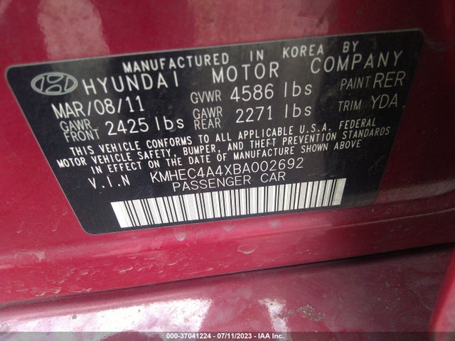 2011 HYUNDAI SONATA HYBRID VIN: KMHEC4A4XBA002692