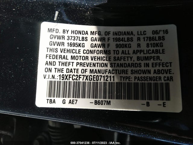 Honda Civic Sedan Ex 2016 19XFC2F7XGE071211 Image 9
