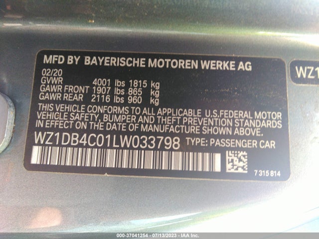 2020 TOYOTA GR SUPRA 3.0 VIN: WZ1DB4C01LW033798