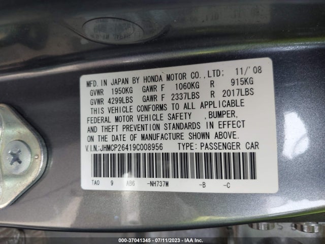 2009 HONDA ACCORD SDN LX-P VIN: JHMCP26419C008956
