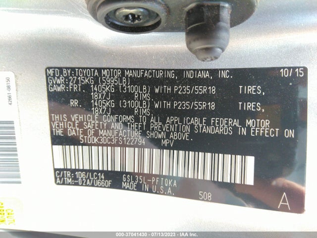 2015 TOYOTA SIENNA LTD/XLE/XLE PREMIUM VIN: 5TDDK3DC3FS122794