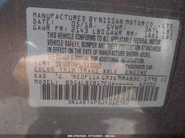 Nissan SENTRA S 2018 3N1AB7AP5JY310982 Image 9