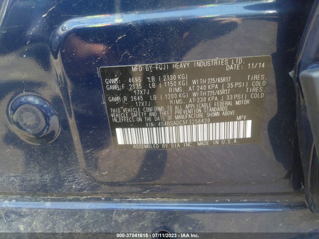 2015 SUBARU OUTBACK 2.5I PREMIUM VIN: 4S4BSADC5F3258420