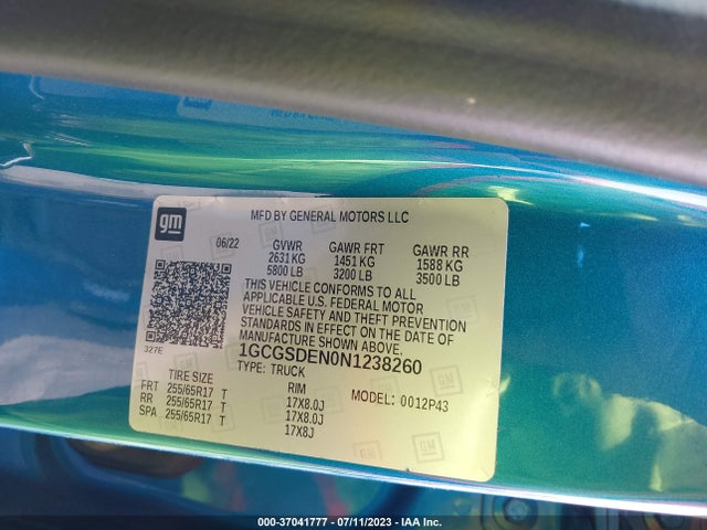 37041777 :رقم المزاد ، 1GCGSDEN0N1238260 vin ، 2022 Chevrolet Colorado 2wd Z71 مزاد بيع