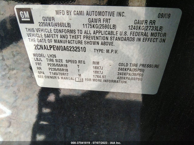 2010 CHEVROLET EQUINOX LT W/2LT VIN: 2CNALPEW0A6232510